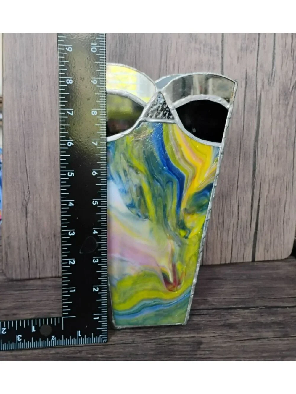 Vintage Postmodern Stained Glass Vase 9.5” 80s Geometric Art Deco Candle Holder